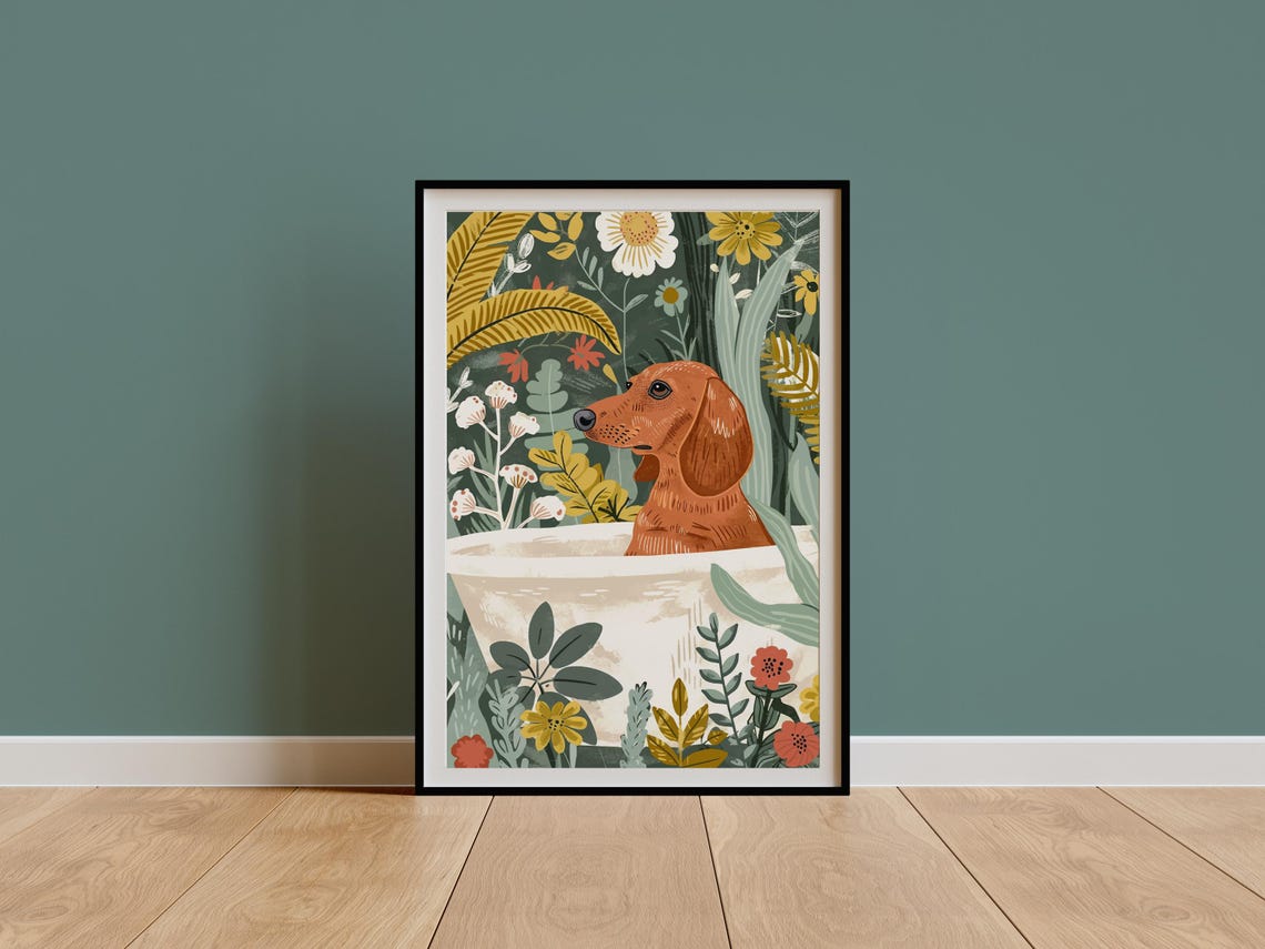 Red Dachshund in Bathtub Jungle Botanical Whimsical Dog Poster - Image 3