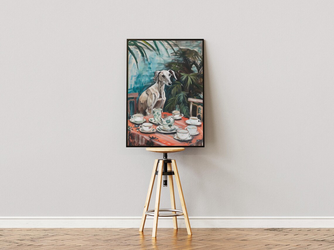 Greyhound Tea Party Painting with Teapot and Teacups Art Poster - Image 3