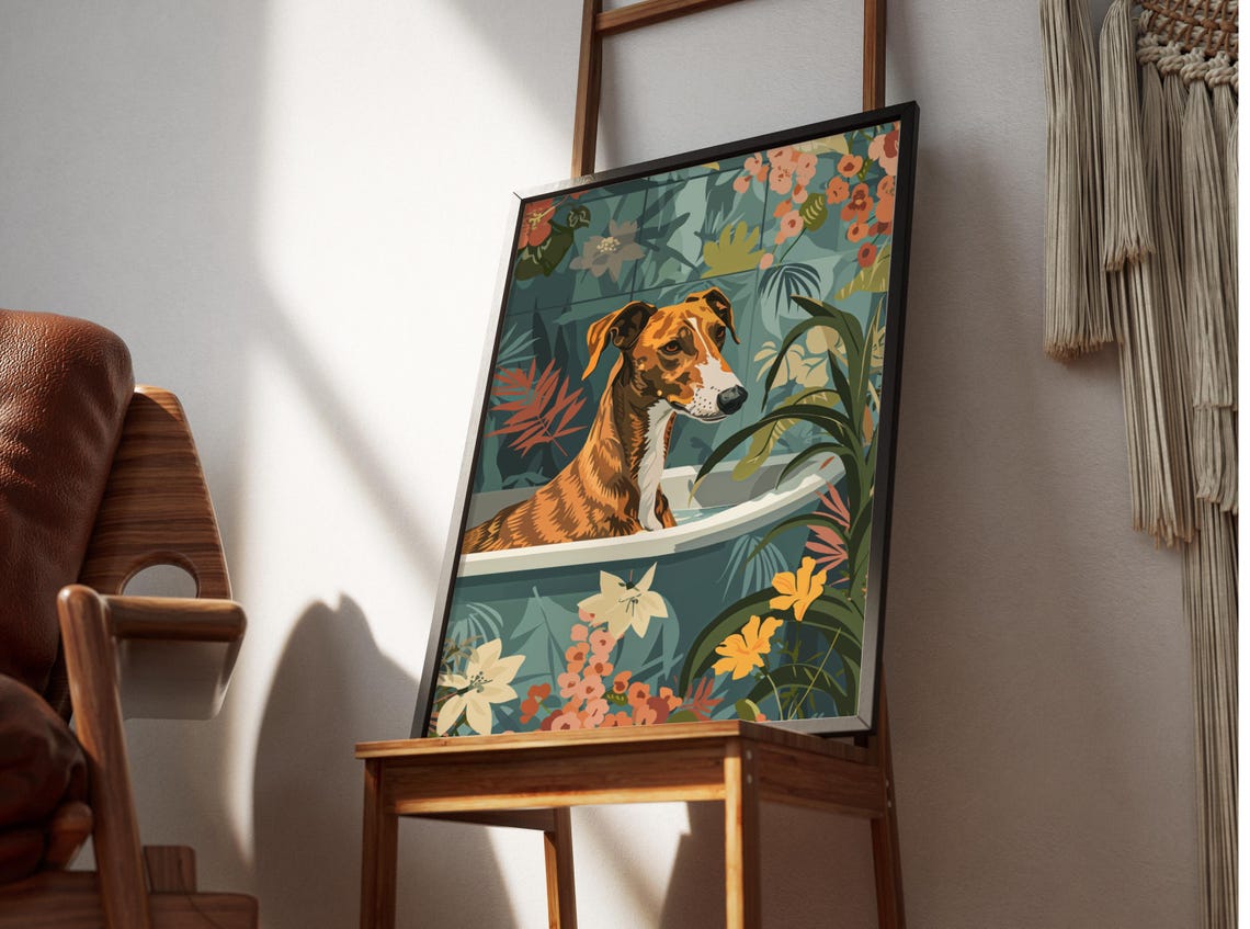 Brindle Greyhound in Bathtub Teal Botanical Floral Dog Poster - Image 2