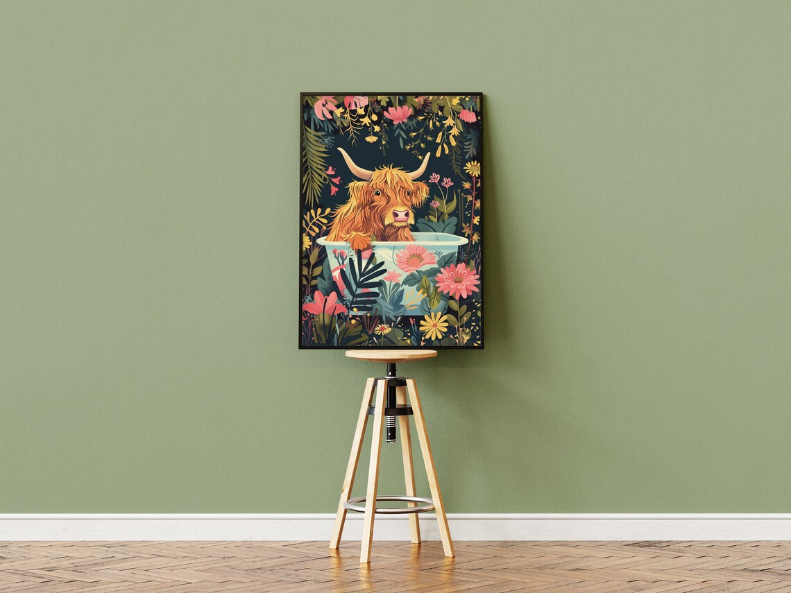 Highland Cow Art Print, Boho Jungle Bathroom Decor - Image 3