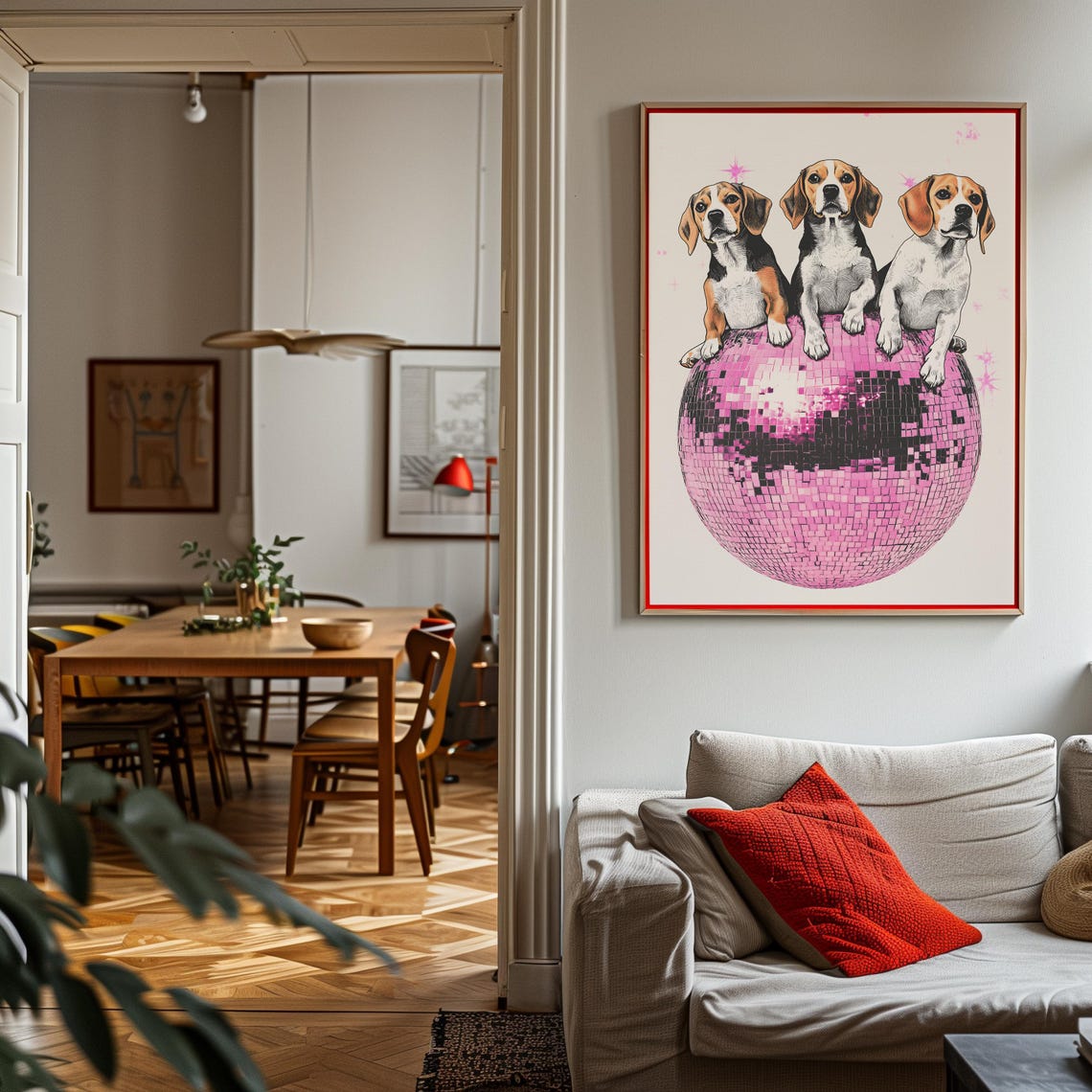 Three Beagle Puppies Pink Disco Ball Sparkle Poster Retro Dog Fun - Image 3