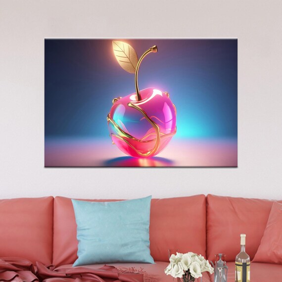 Pink Glass Cherry Gold Accents Neon Glow 3D Render Art Poster