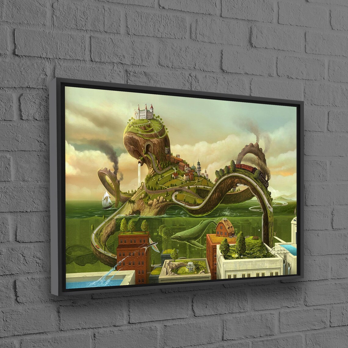 Reproduction Canvas Decor Surreal Octopus Wall Hanging Green Artwork Grandma Gift Personalized