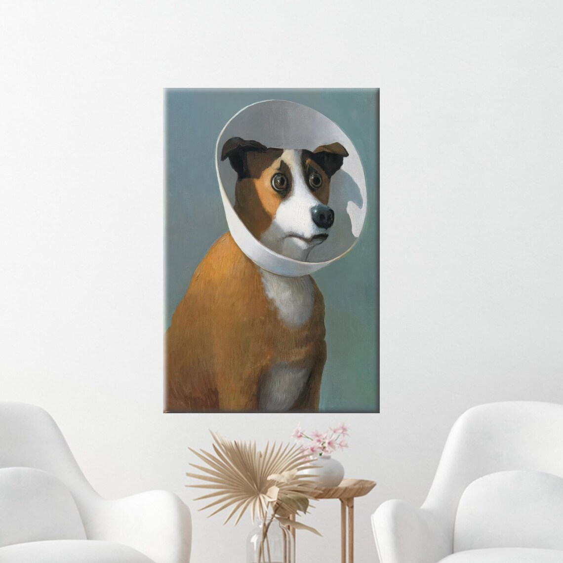 Funny Dog Wearing Vet Cone Painted Humorous Pet Portrait Poster