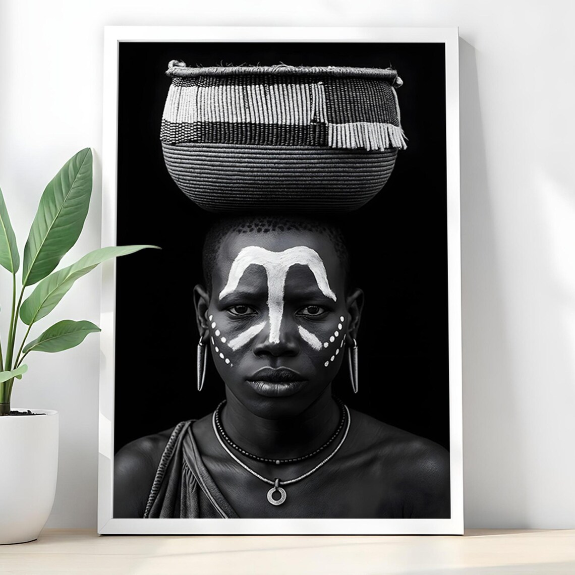African Tribal Woman Art Print, Black and White