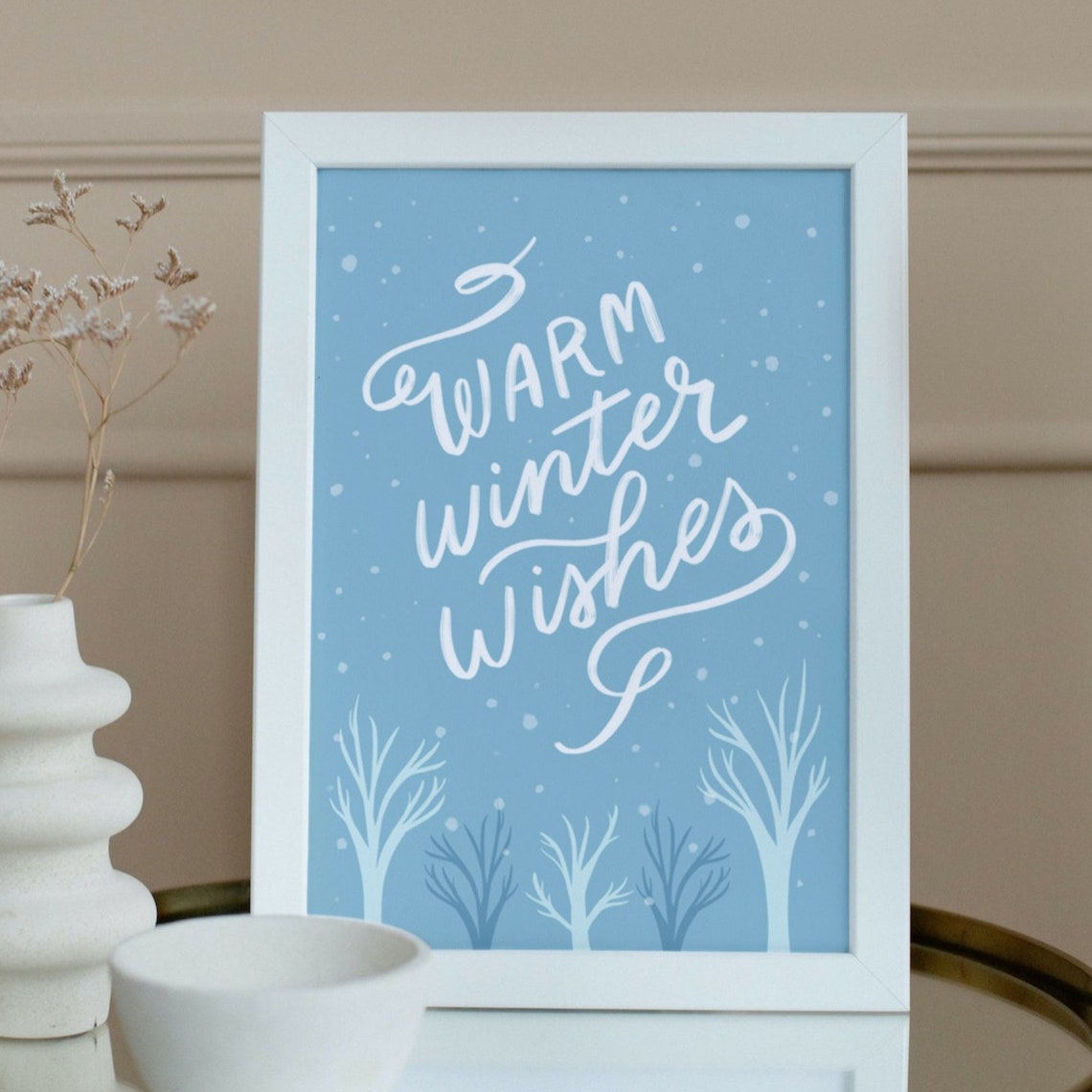 Warm Winter Wishes Hand Lettered Blue Snowy Winter Greeting Poster - Image 4