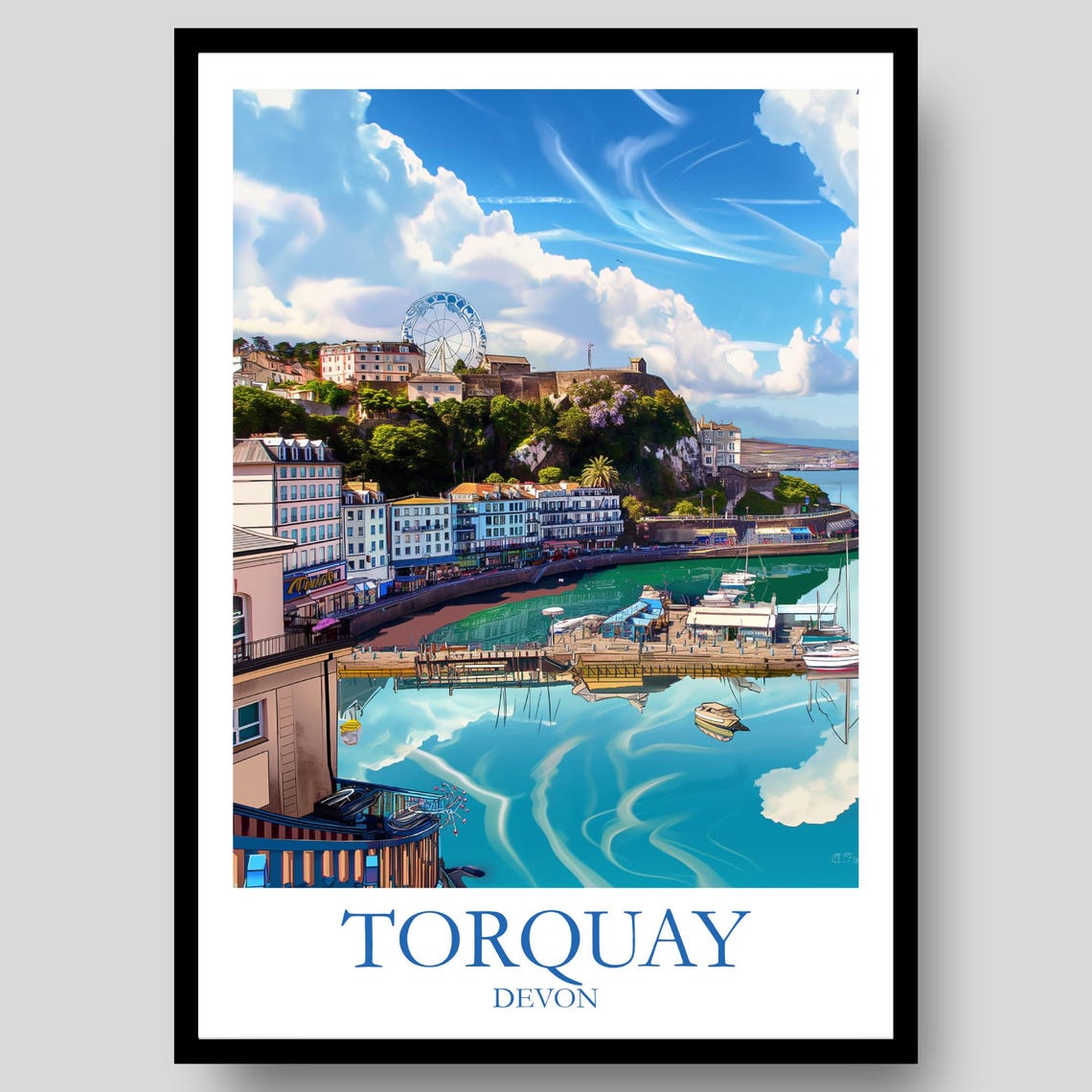 Torquay Devon Harbor Ferris Wheel Colorful Waterfront Travel Poster