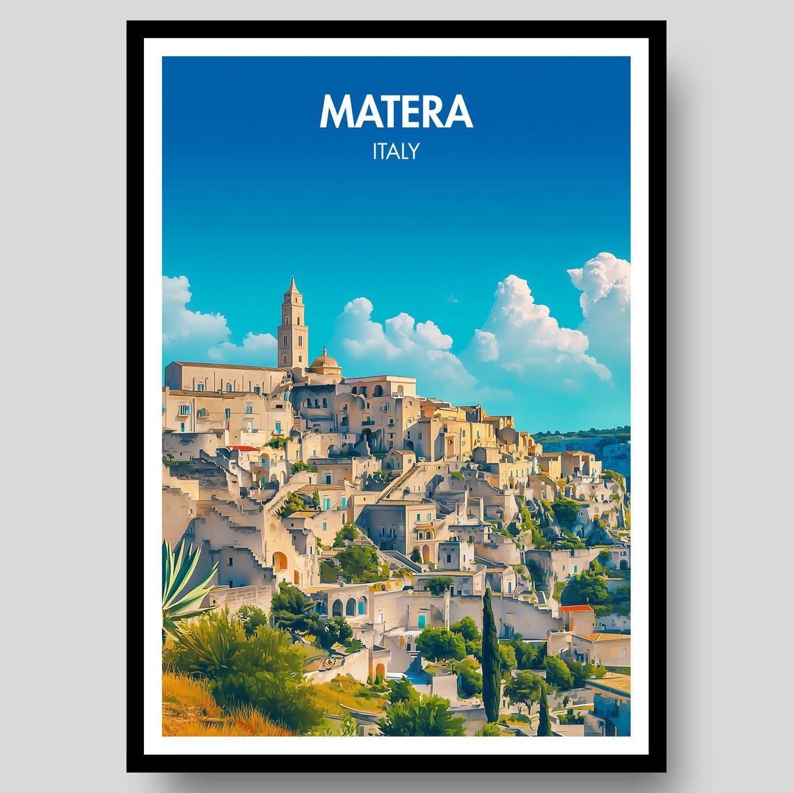 Matera Italy Sassi Cave Dwellings Under Bright Blue Sky Travel Poster