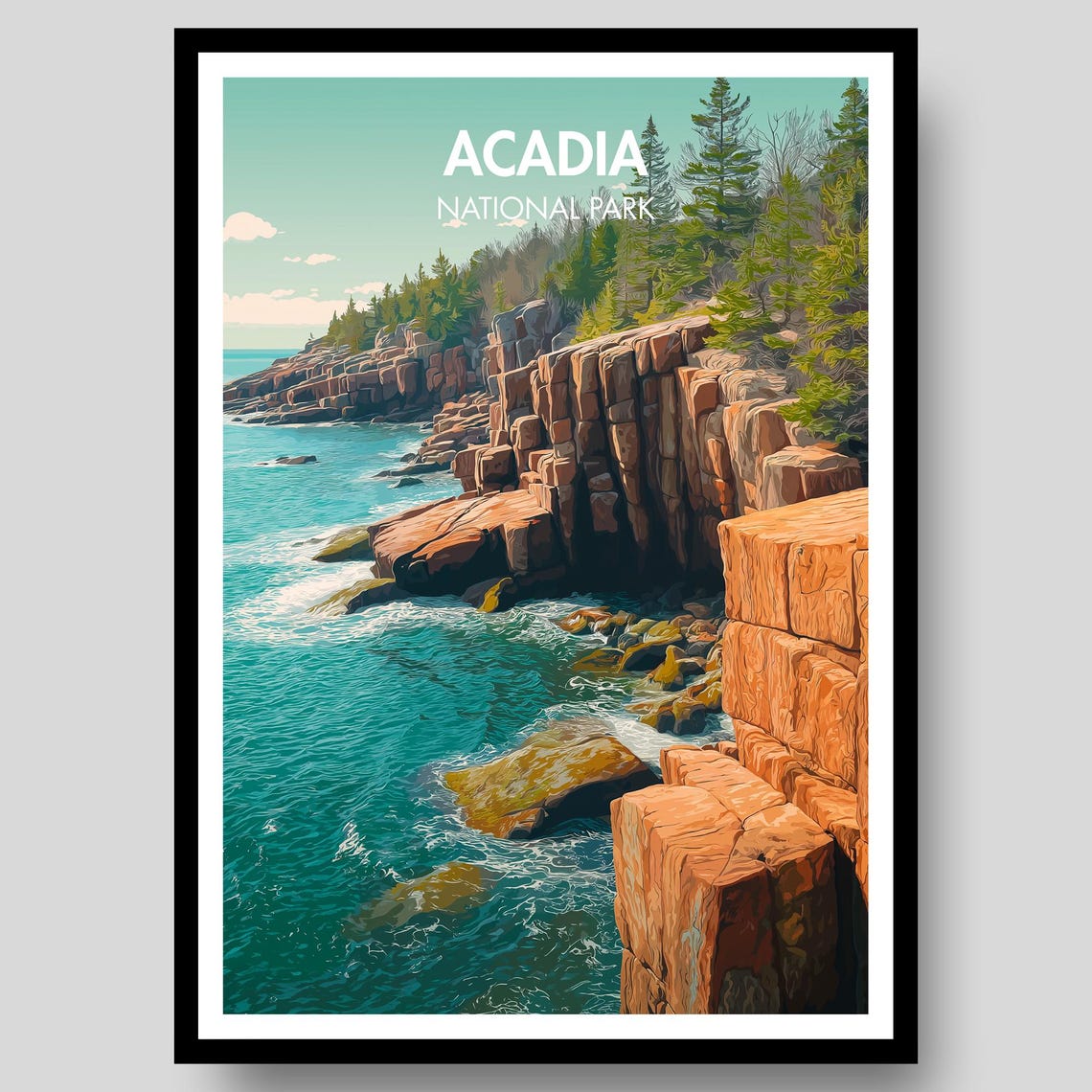 Acadia National Park Red Sandstone Cliffs Ocean Coast Travel Poster