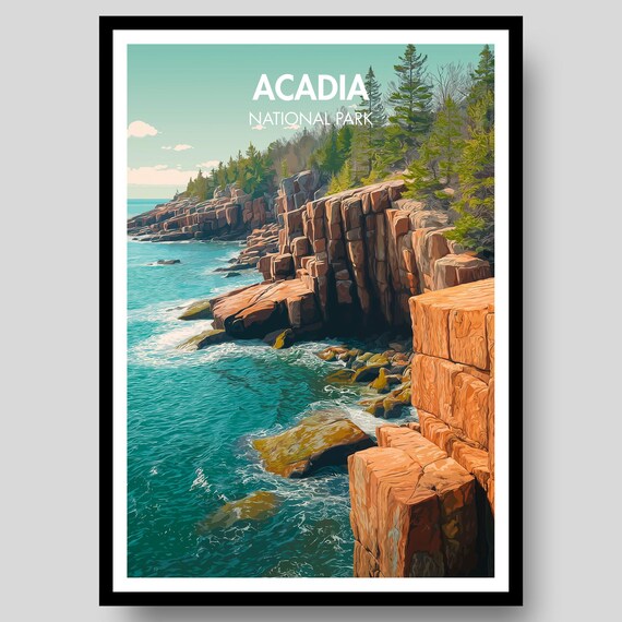 Acadia National Park Red Sandstone Cliffs Ocean Coast Travel Poster