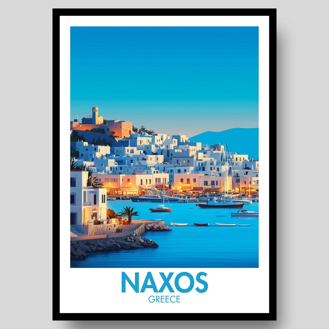 Naxos Greece Whitewashed Harbor Town Twilight Seaside Art Poster