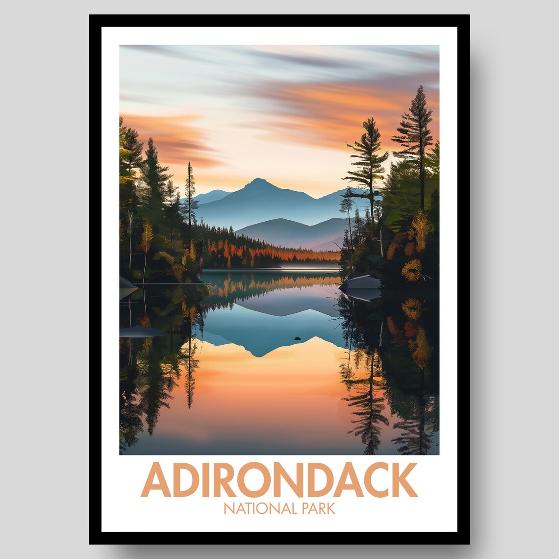 Adirondack National Park Lake Reflection Sunset Landscape Travel Poster