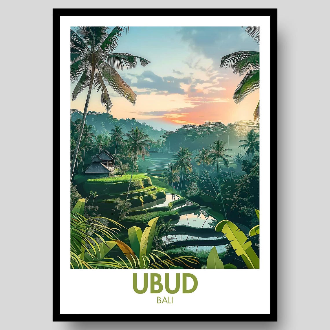 Ubud Bali Rice Terrace Sunset Tropical Palm Landscape Travel Poster