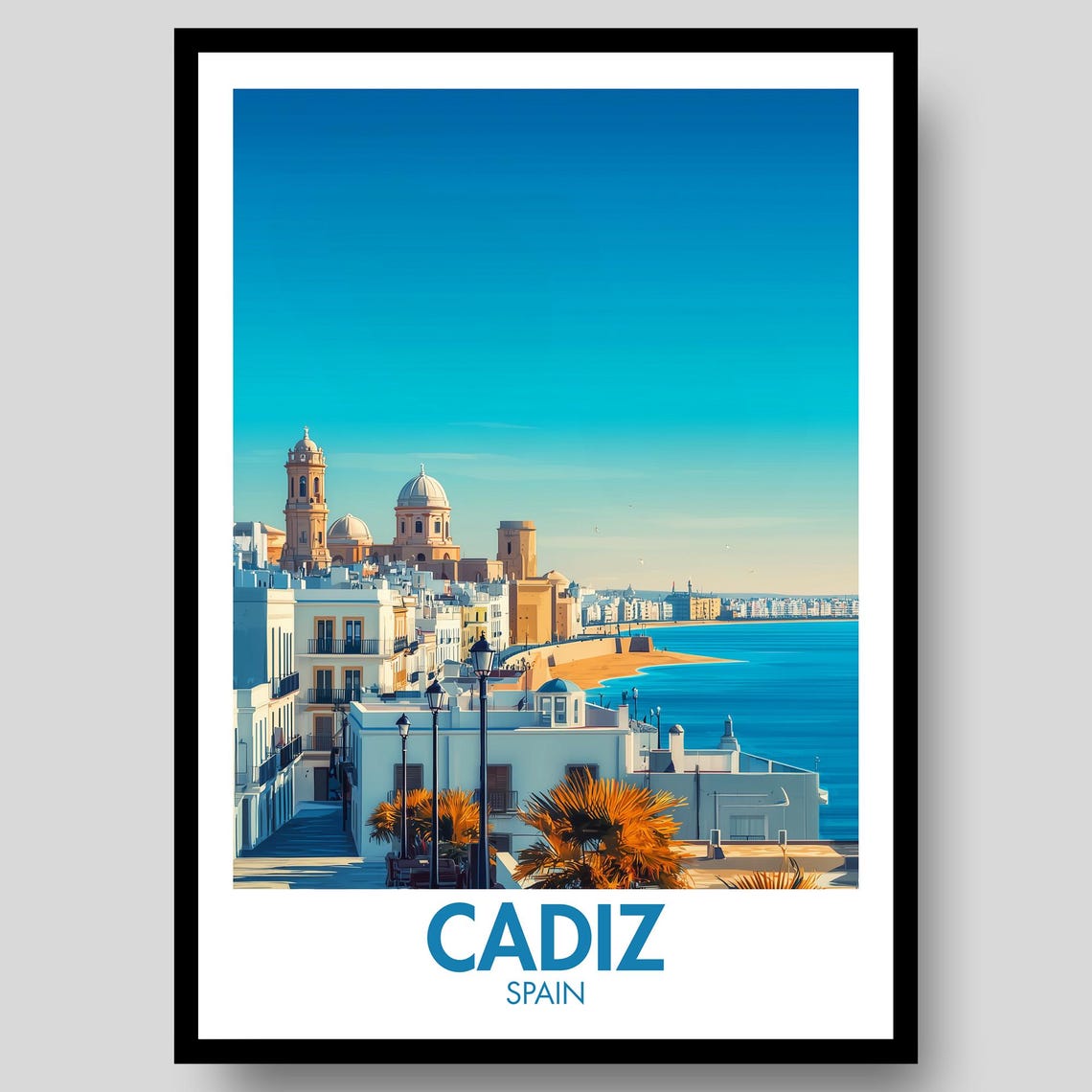 Cadiz Spain Cathedral by the Sea Blue Sky Vintage Travel Poster