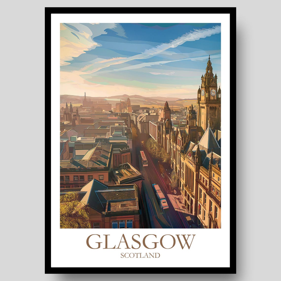 Glasgow Scotland City Rooftops Clock Tower Skyline Illustration Poster