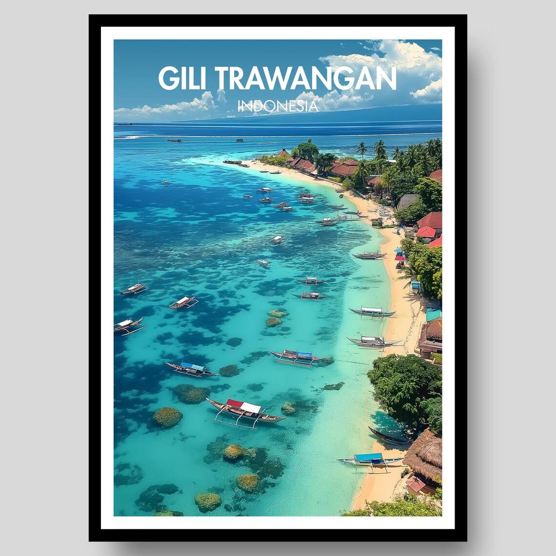 Gili Trawangan Indonesia Turquoise Beach Aerial Travel Poster