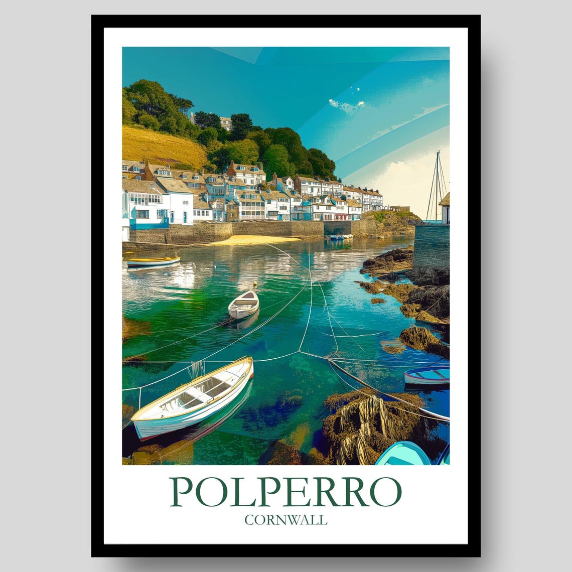 Polperro Cornwall Fishing Village Cottages Emerald Water Poster