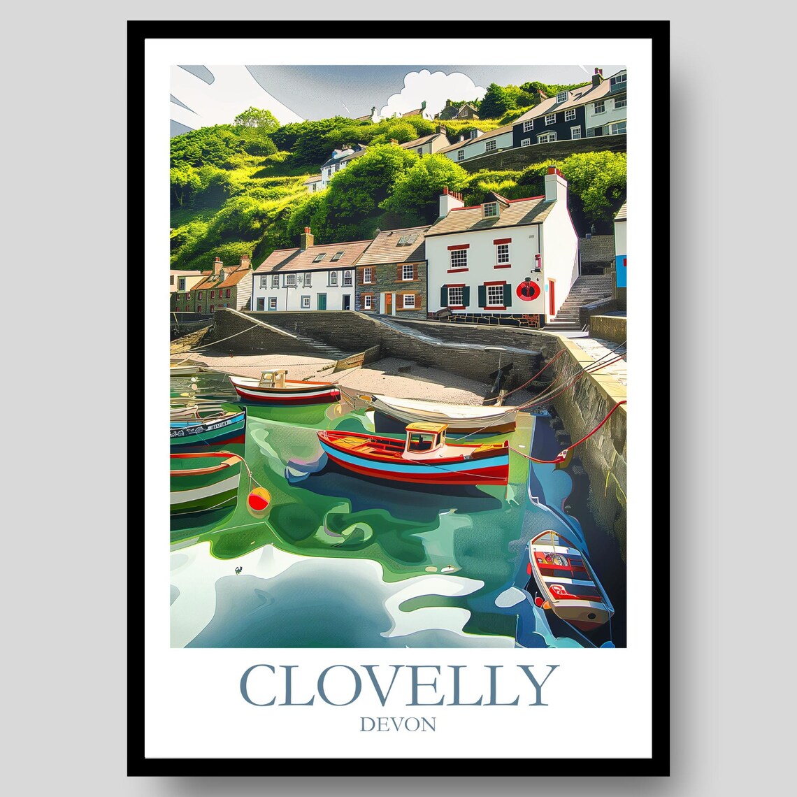 Clovelly Devon Fishing Harbour Boats Quayside Village Travel Poster