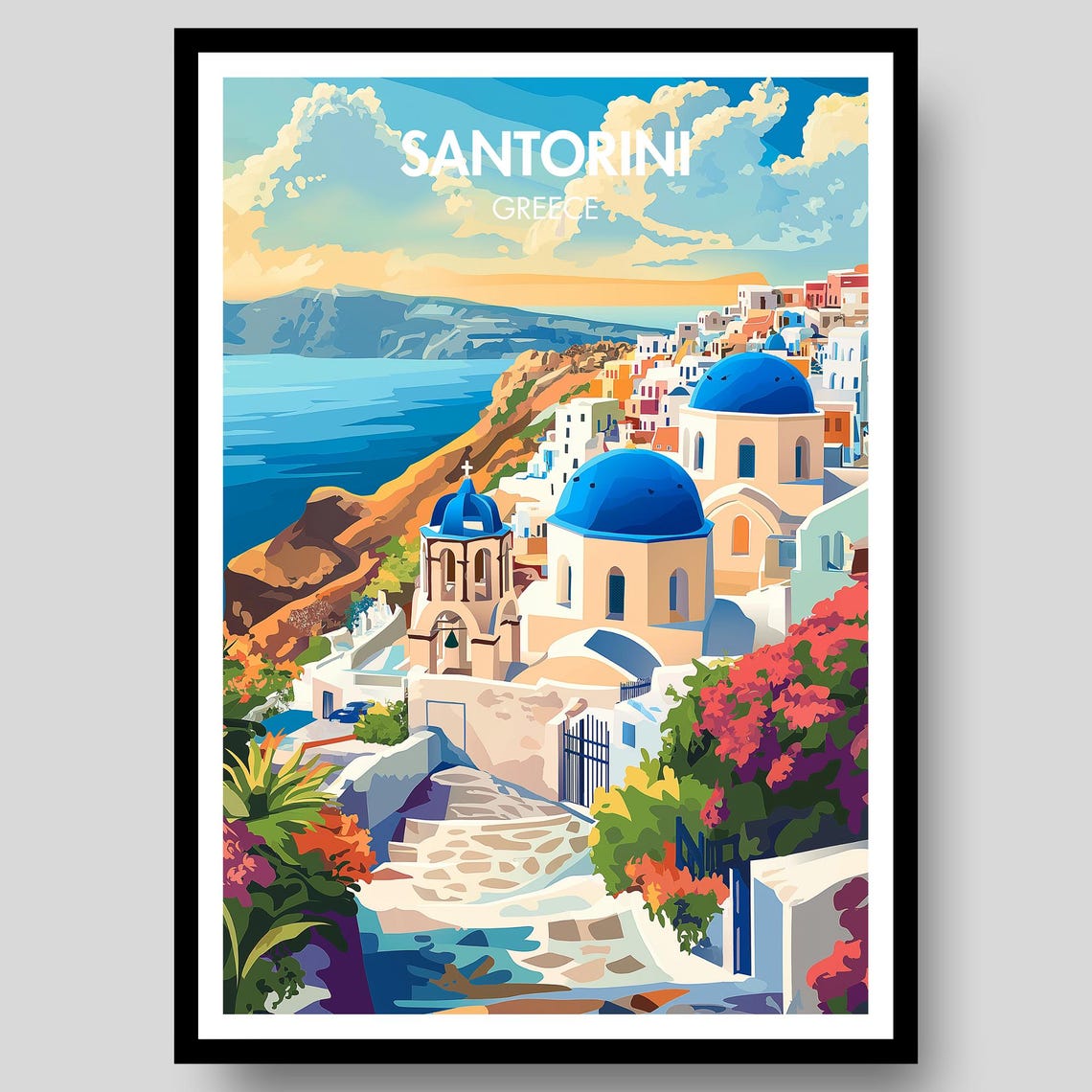 Santorini Greece Blue Dome Churches Cliffside Town Travel Poster