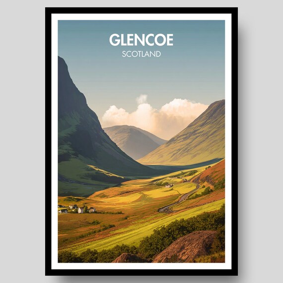 Glencoe Scotland Highland Valley Mountains Golden Hour Travel Poster