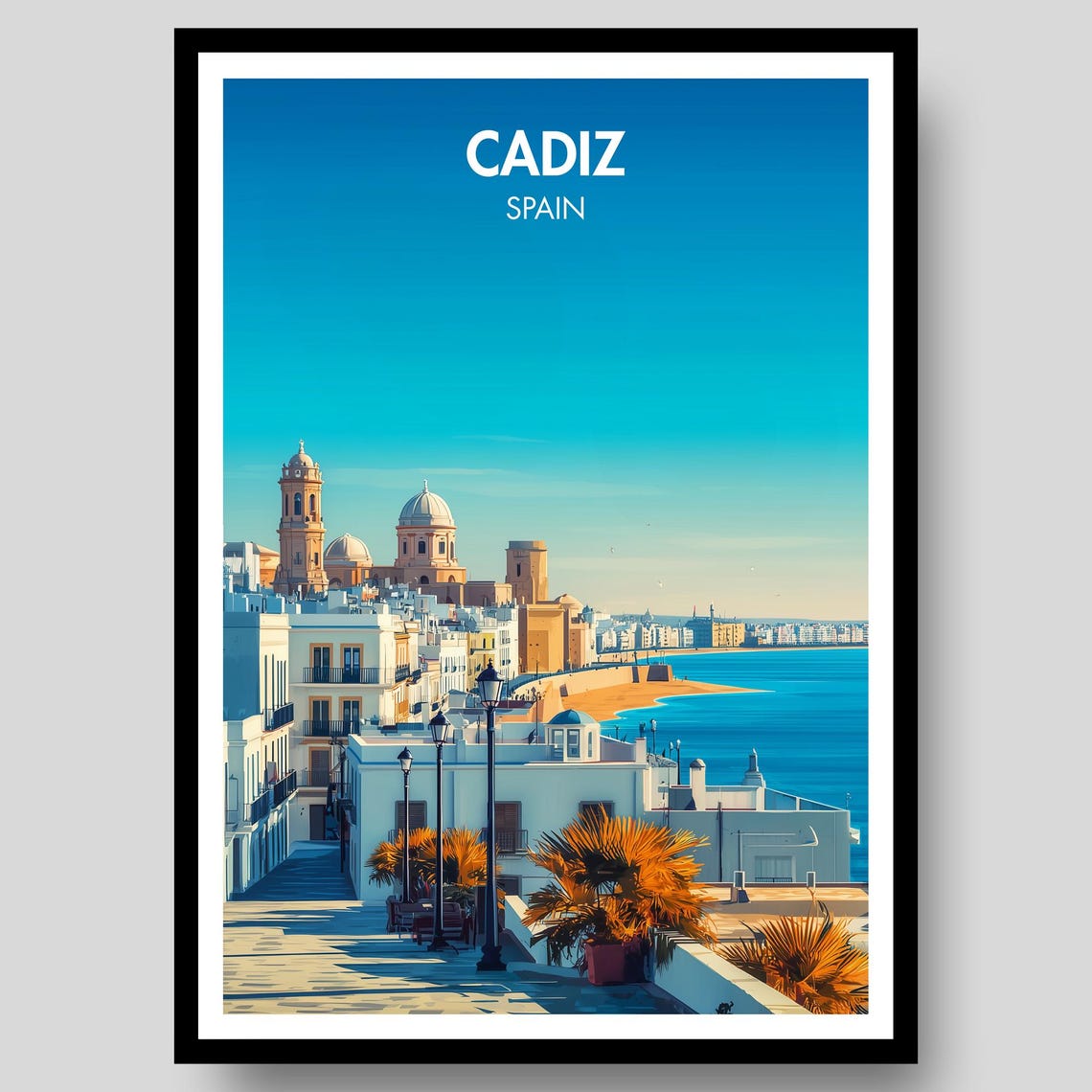 Cadiz Spain Seaside Promenade with Cathedral View Travel Poster
