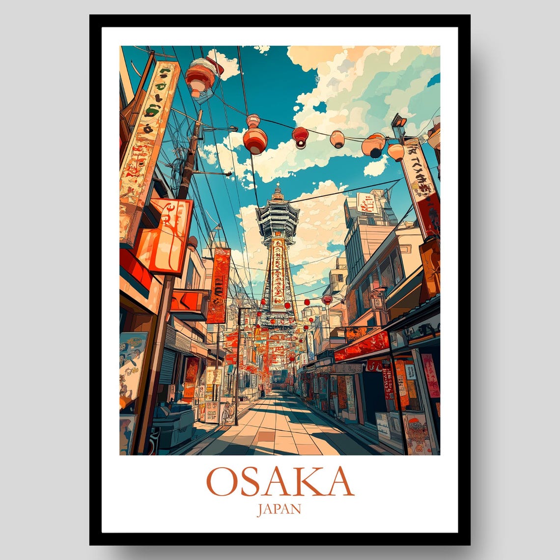 Osaka Japan Tower Street Lanterns Neon Vintage City Travel Poster
