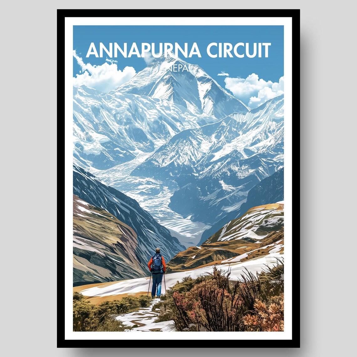 Annapurna Circuit Nepal Snowy Peak Hiker Vintage Travel Poster
