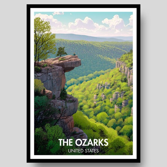The Ozarks Forest Bluff Overlook Green Valley Illustrated Travel Poster