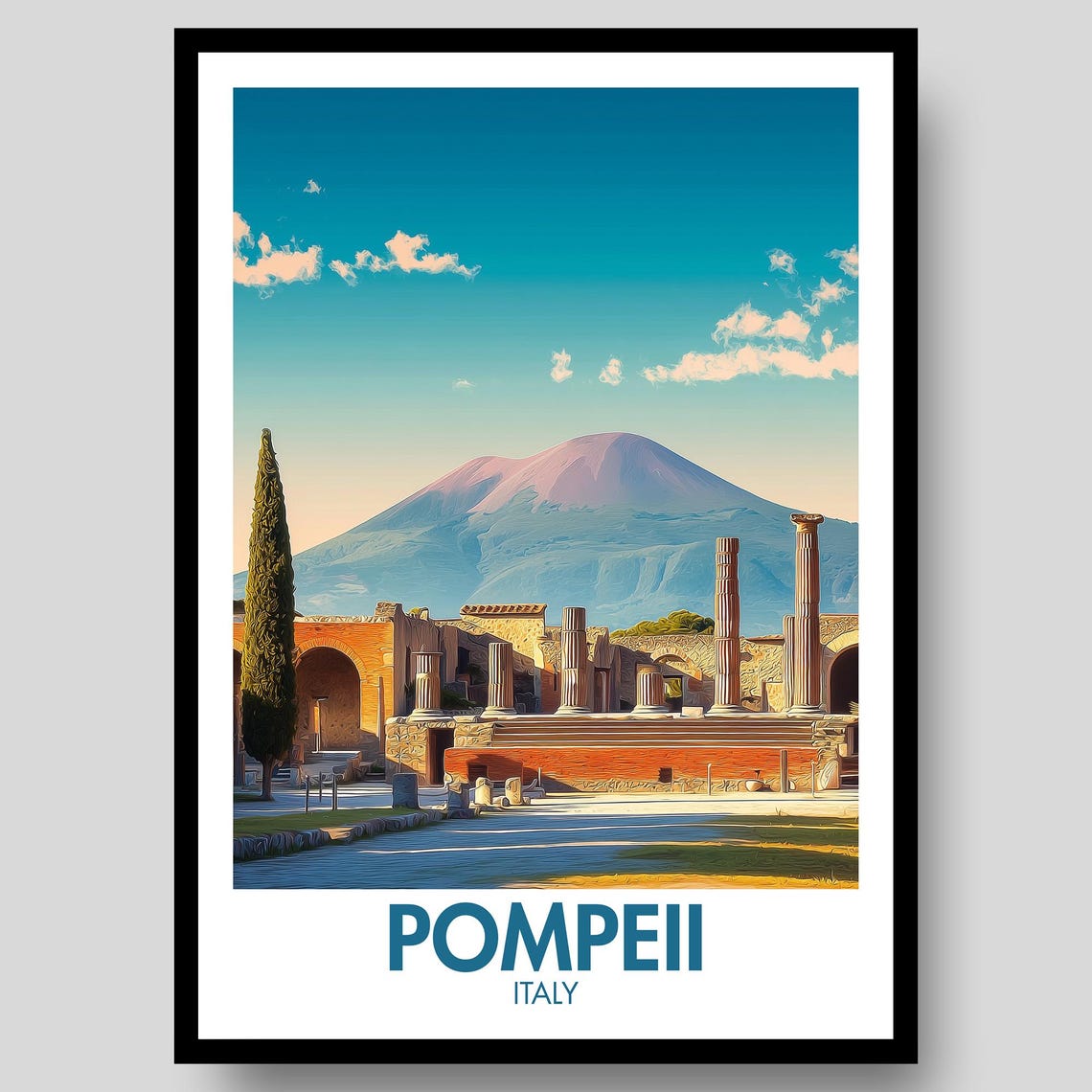 Pompeii Italy Ancient Ruins Mount Vesuvius Vintage Travel Poster Art