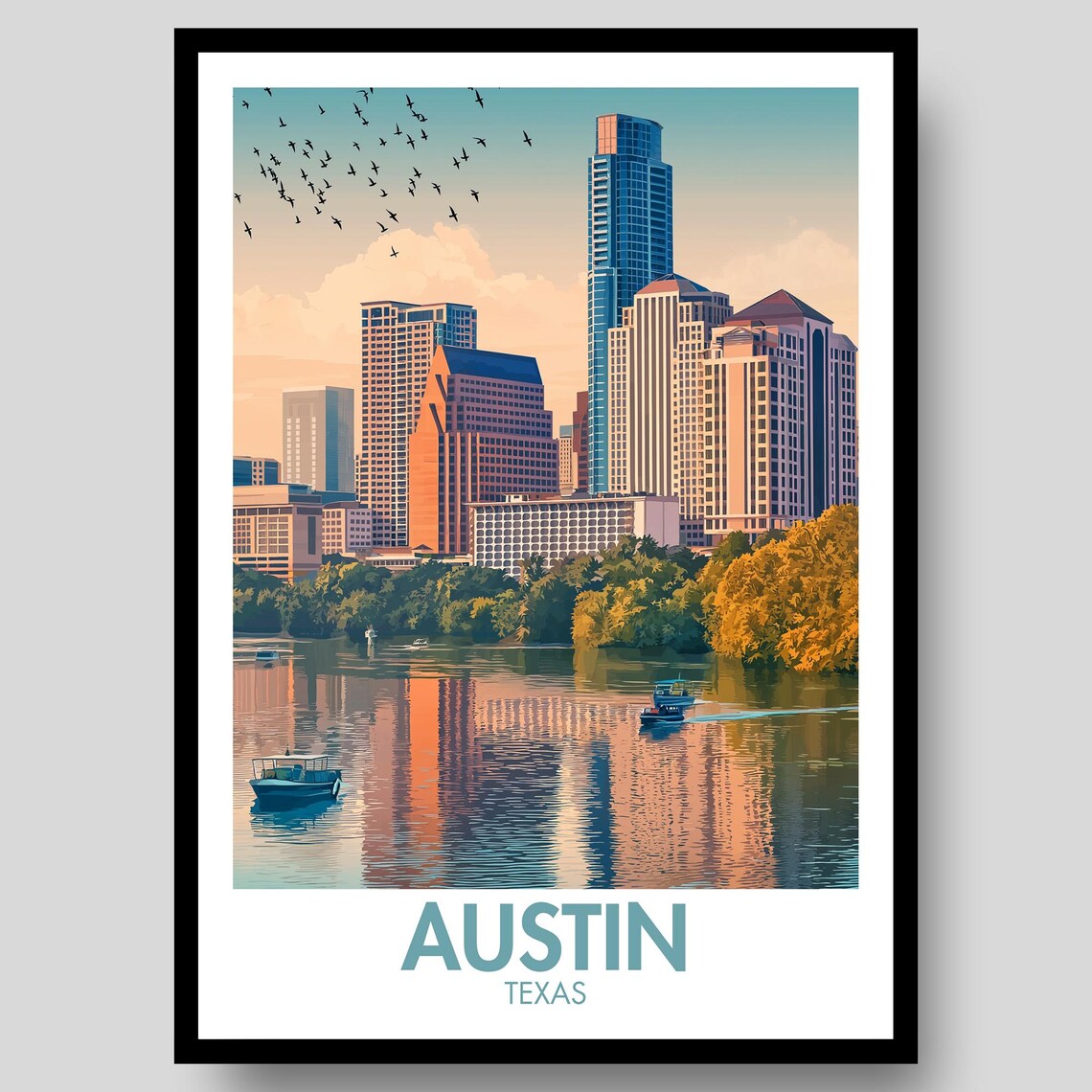 Austin Texas Skyline Birds Over Lake With Boats Travel Poster Art
