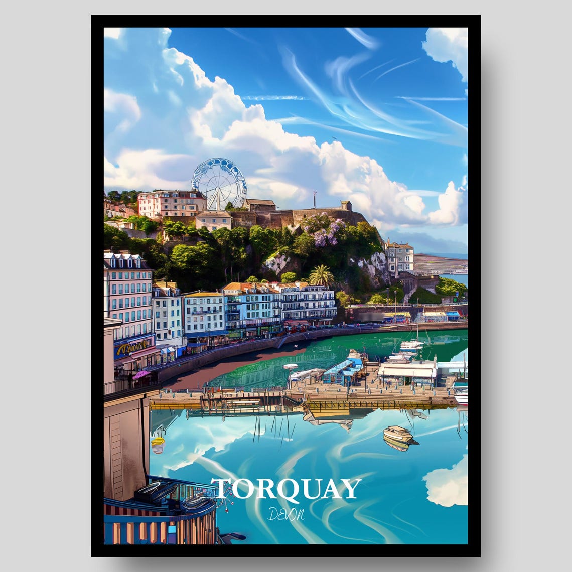 Torquay Devon Old Ferris Wheel Harbor Seaside Travel Art Poster