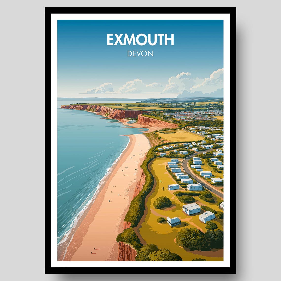 Exmouth Devon Coastline Red Cliffs Beach Retro Travel Poster