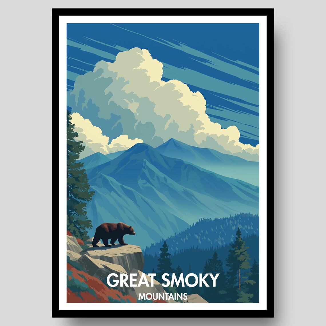 Great Smoky Mountains Bear Misty Peaks Travel Vintage Art Poster
