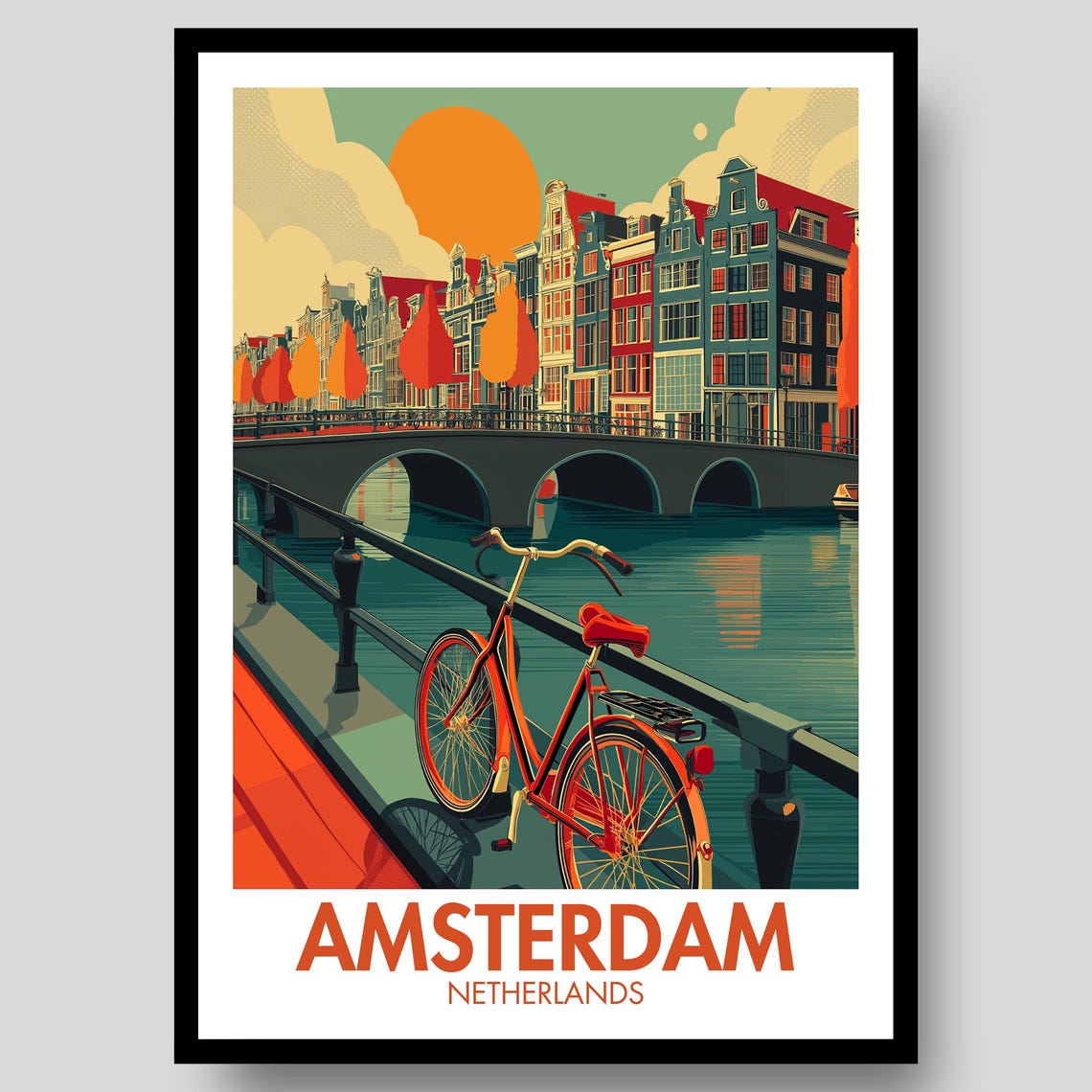 Amsterdam Netherlands Canal Bridge Red Bicycle Vintage Poster