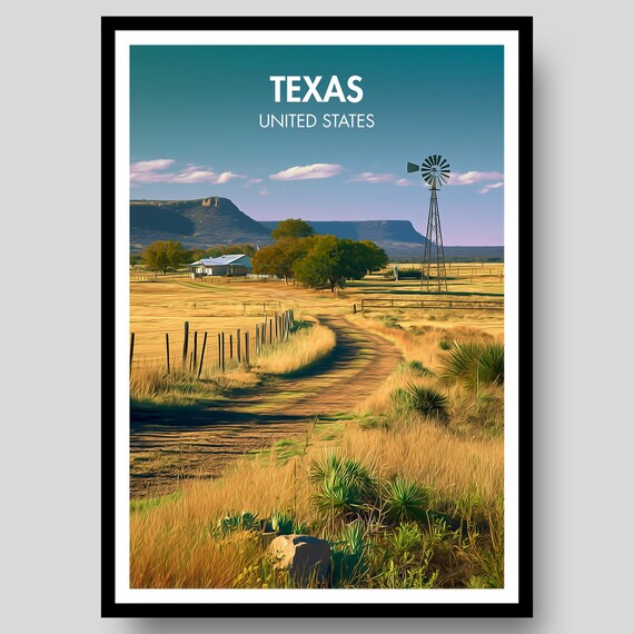 Texas Ranch Windmill Country Sunset Landscape Retro Travel Poster
