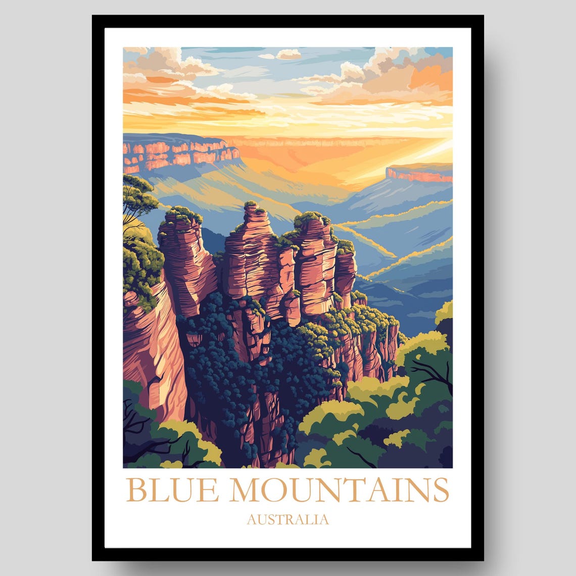 Blue Mountains Australia Three Sisters Golden Sunset Art Poster