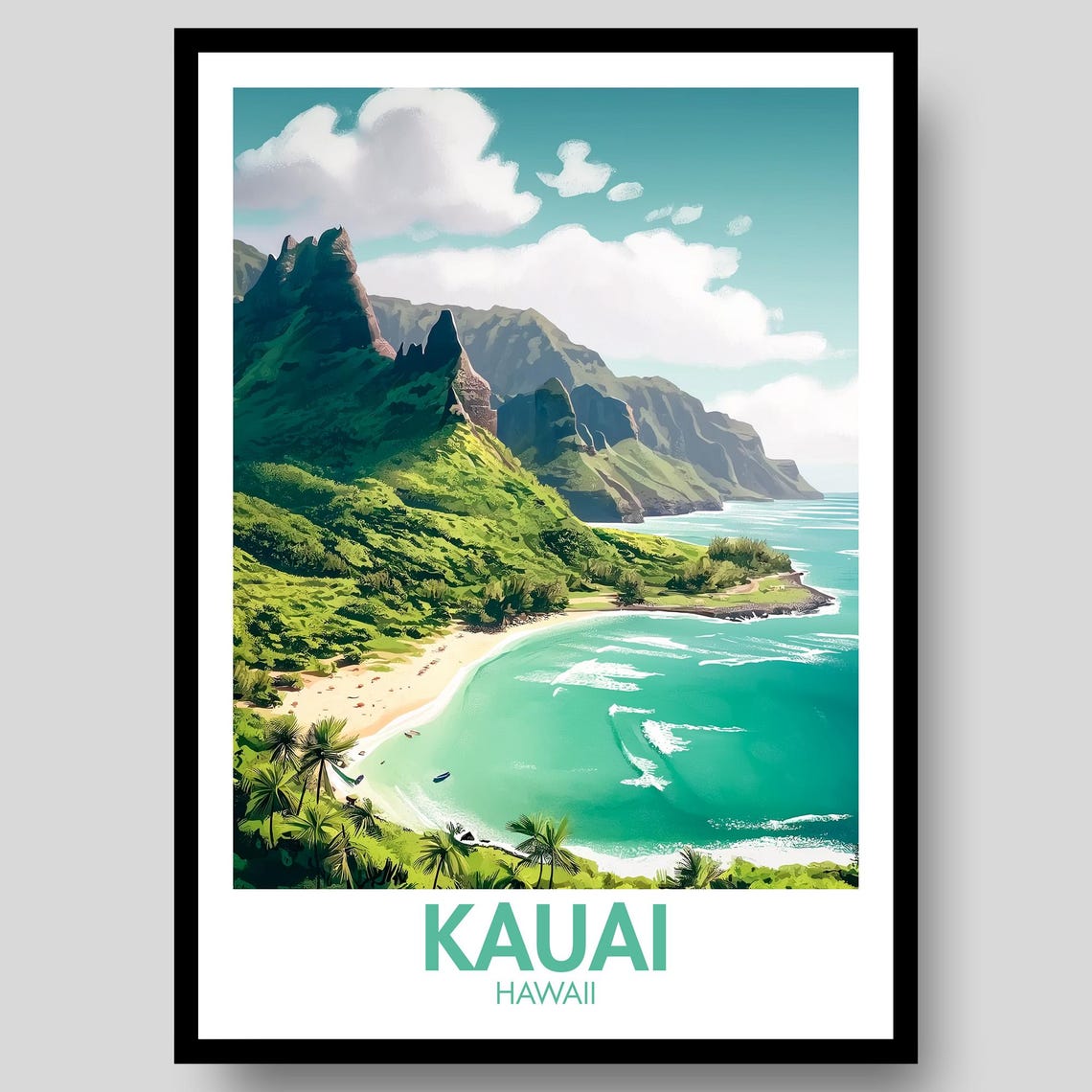 Kauai Hawaii Tropical Beach Paradise Teal Coastline Travel Poster