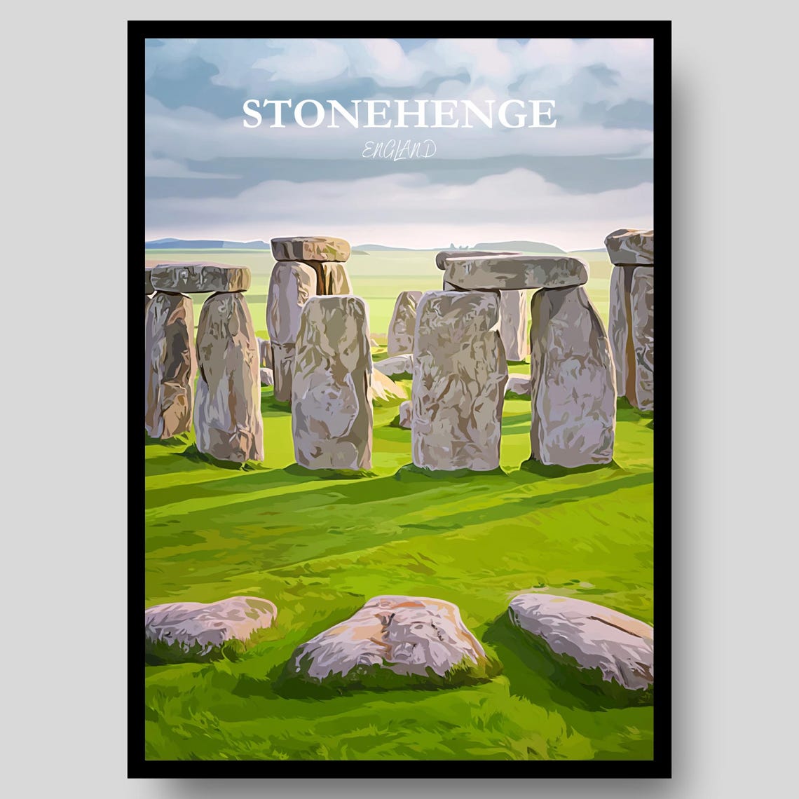 Stonehenge England Ancient Stones Green Grass Cloudy Sky Poster