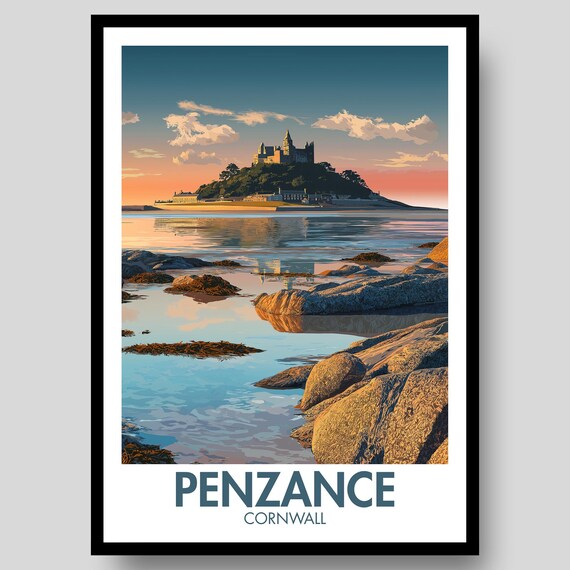 Penzance Cornwall St Michaels Mount Sunset Retro Travel Poster