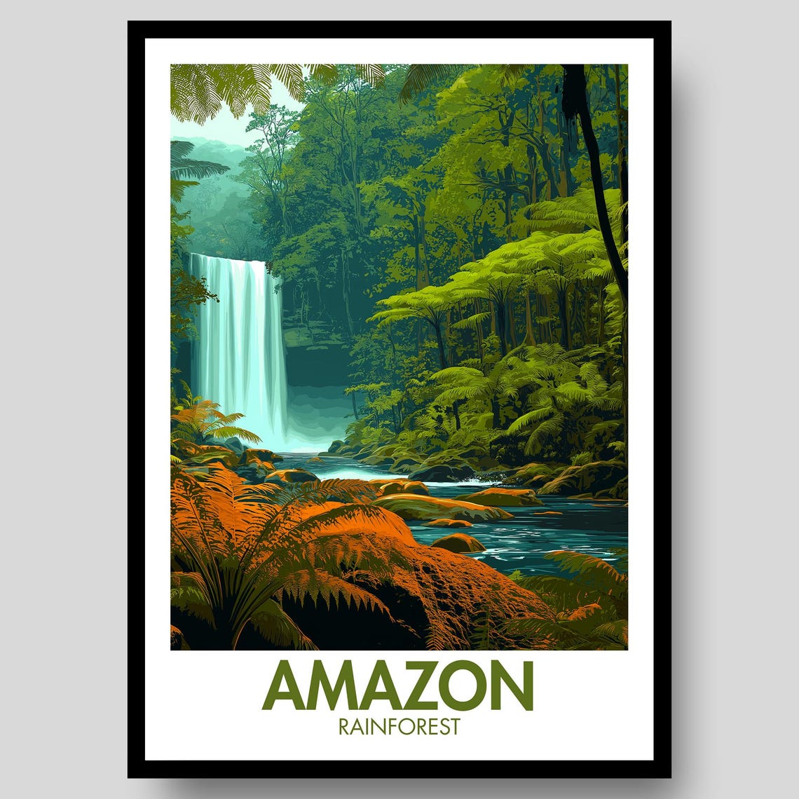 Amazon Rainforest Waterfall Ferns Vintage Jungle Travel Poster