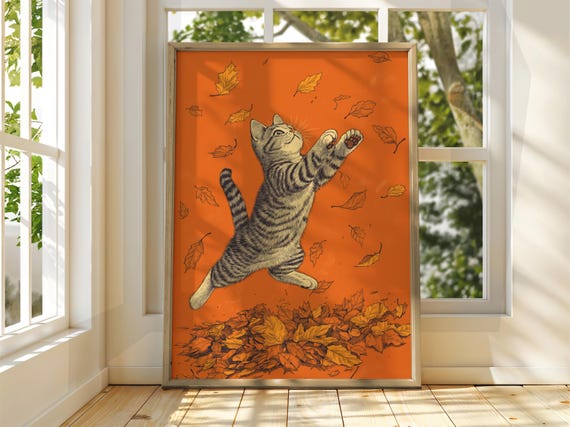 Cat With Leaves Poster Wall Art Illustration Fun Animal Feline Decor Kitten Black Pet