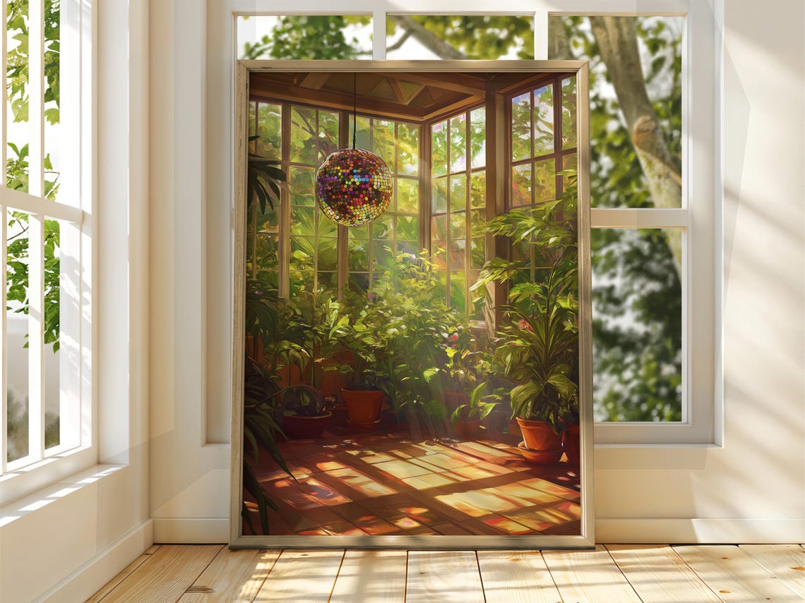 Colorful Mosaic Disco Ball Sunlit Conservatory Plant Retro Poster