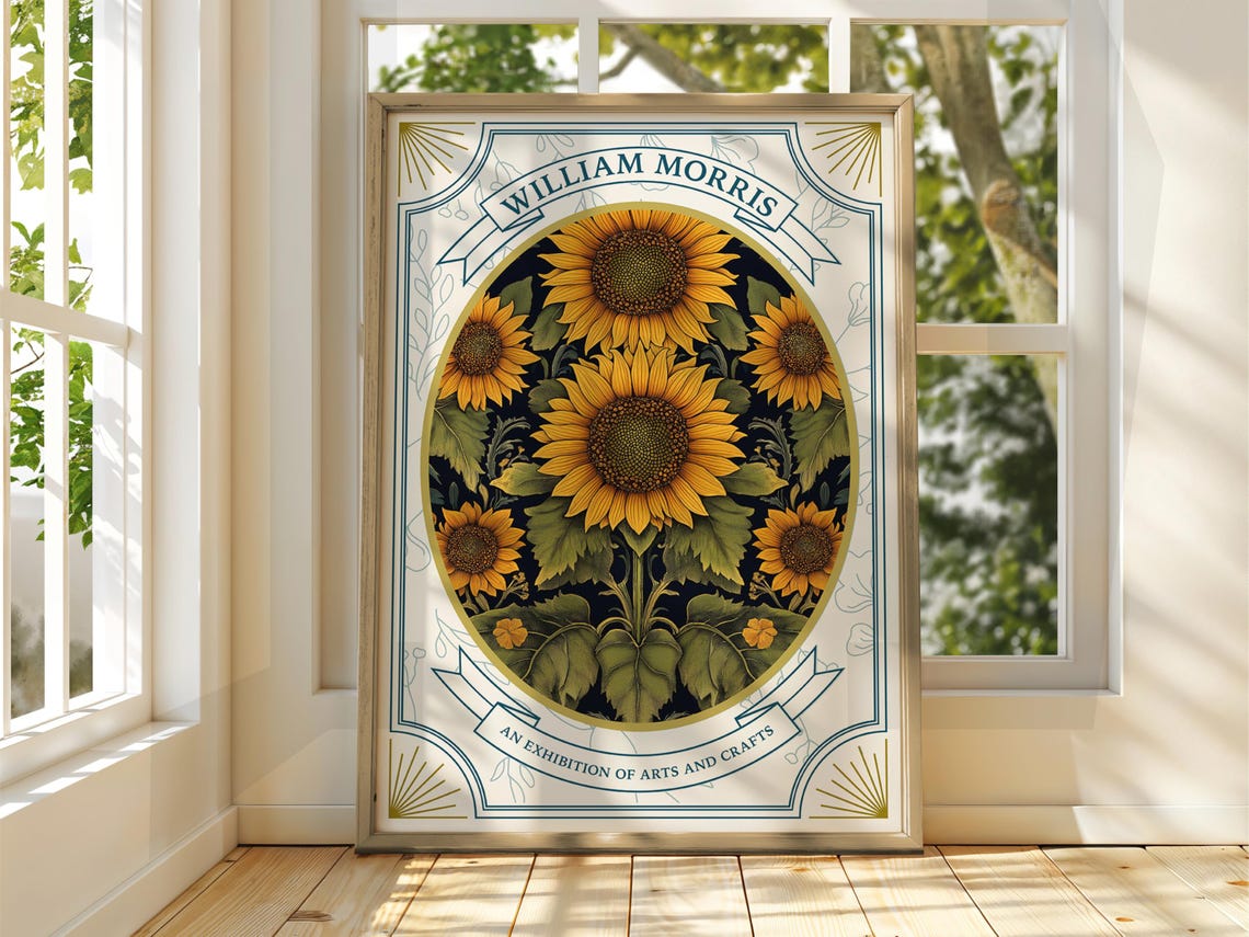 William Morris Style Sunflowers Golden Floral Exhibition Poster