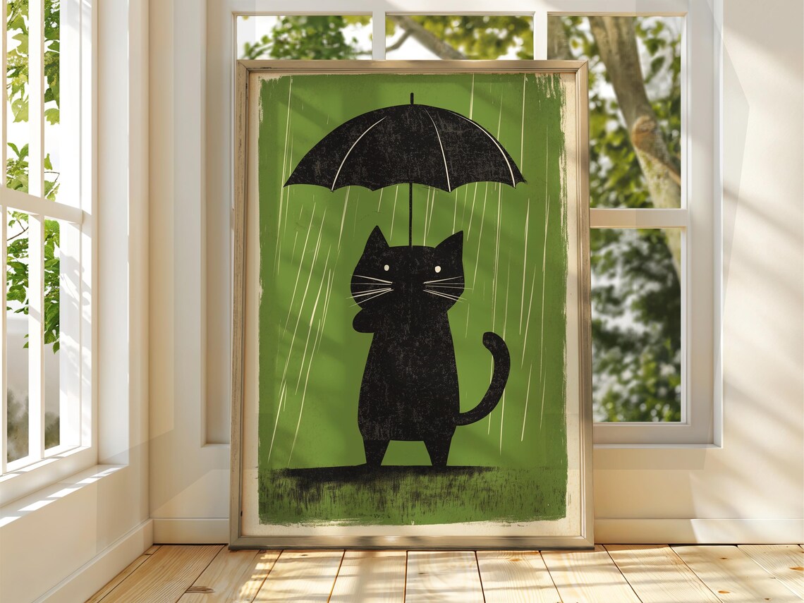 Black Cat Umbrella Rain Green Background Retro Animal Fun Poster