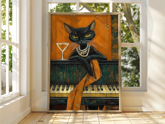 Black Cat With Martini Glass Piano Bar Art Deco Style Poster