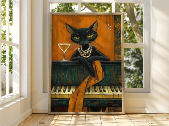 Cat With Wine Poster Wall Art Illustration Fun Animal Funny Piano Drinking Prints Black