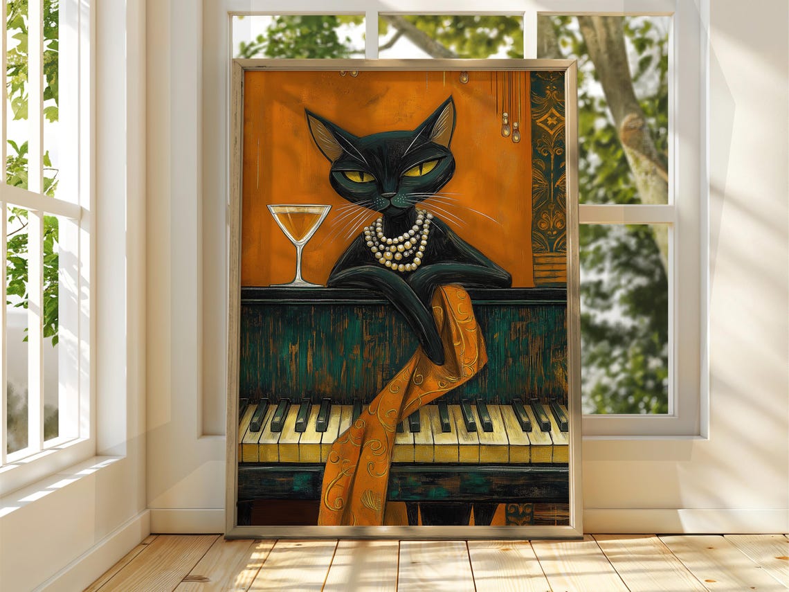 Black Cat With Martini Glass Piano Bar Art Deco Style Poster