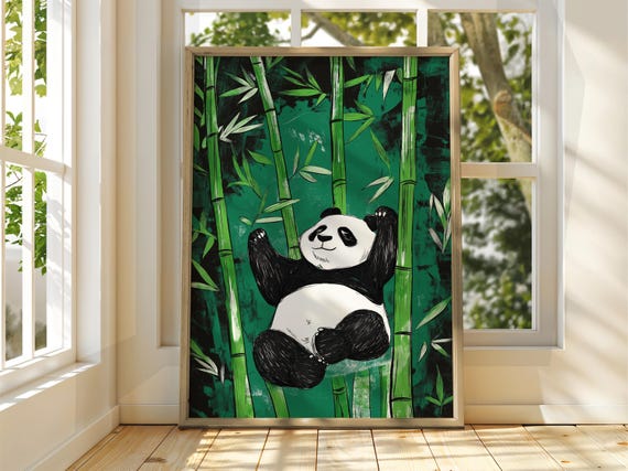 Panda And Bamboo Poster Wall Art Animal Illustration Bold Bright Home Decor Green