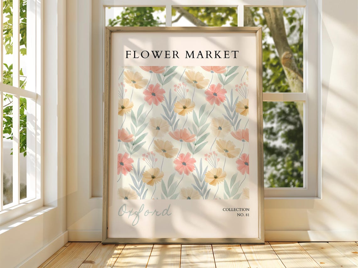 Oxford Flower Market No 81 Coral Floral Pattern Botanical Art Poster