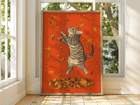 Cat With Leaves Poster Wall Art Illustration Fun Animal Feline Decor Kitten Black Pet